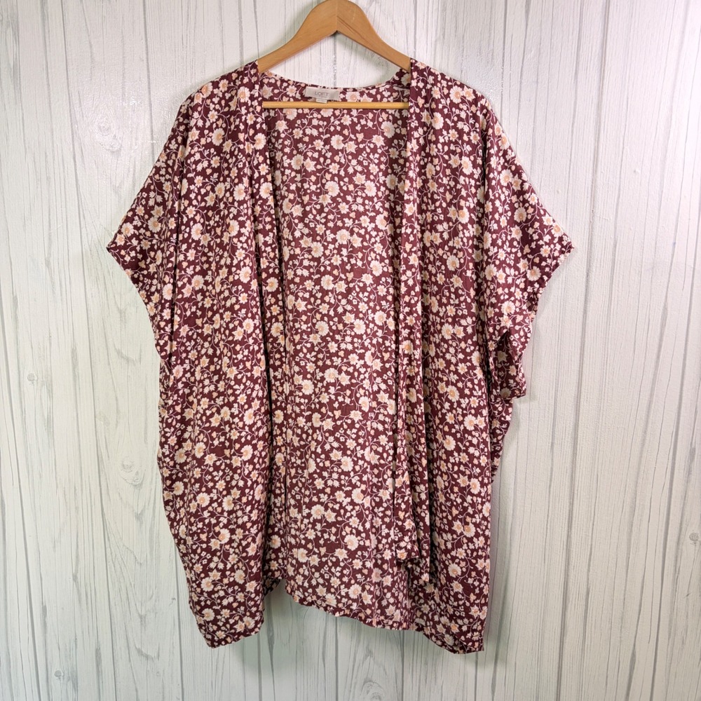 LOFT Burgundy-Brown & Beige Floral Lightweight Kimono Cottagecore Boho, M/L